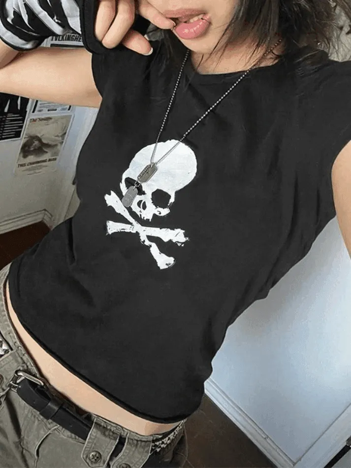 Skull Print Short Sleeve Y2K Crop Top