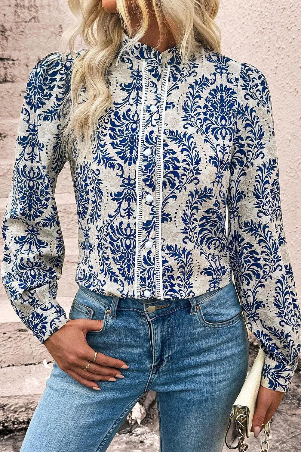 Sky Blue Bohemian Printed Bishop Sleeve Lace Shirt