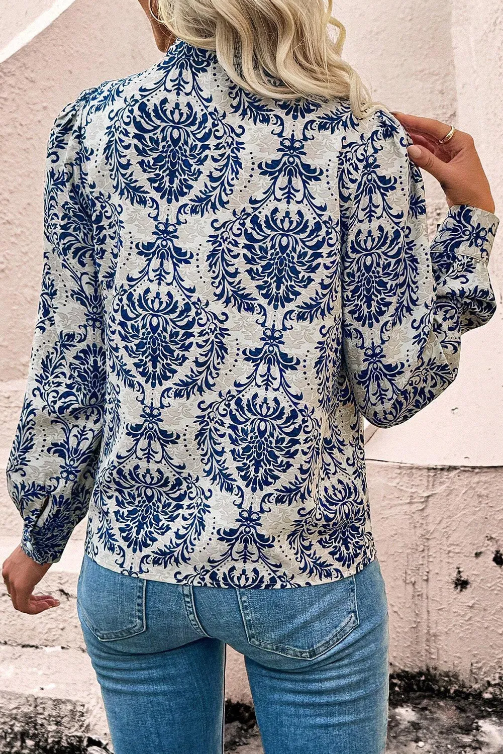 Sky Blue Bohemian Printed Bishop Sleeve Lace Shirt