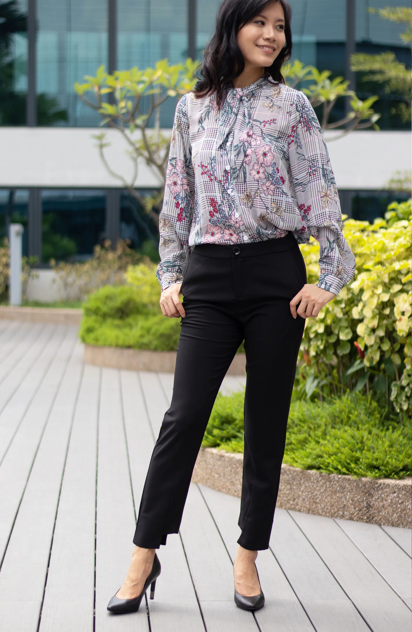 Soft Comfy Ditsy Floral Sketch Tie-Neck Cuffed Work Shirt Blouse