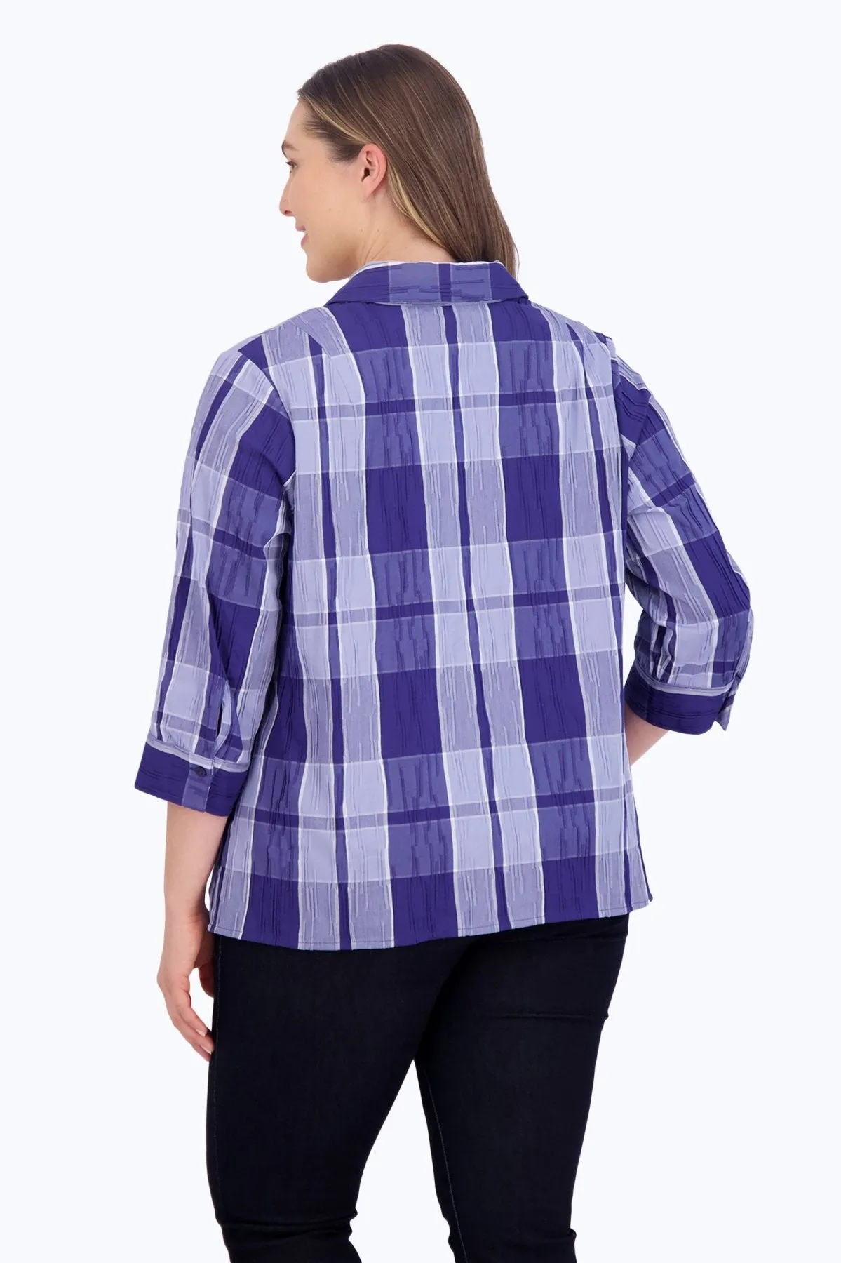 Sophia Plus Denim Plaid Crinkle Popover