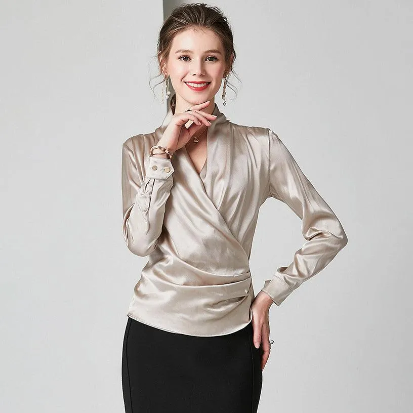 Spring New Elegant Ladies Silk Blouse 100% Mulberry Silk Shirt Long Sleeves Silk Top