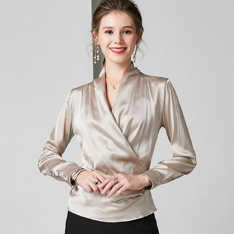 Spring New Elegant Ladies Silk Blouse 100% Mulberry Silk Shirt Long Sleeves Silk Top