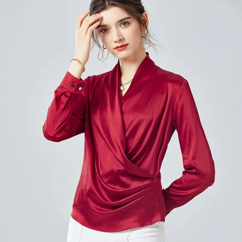 Spring New Elegant Ladies Silk Blouse 100% Mulberry Silk Shirt Long Sleeves Silk Top