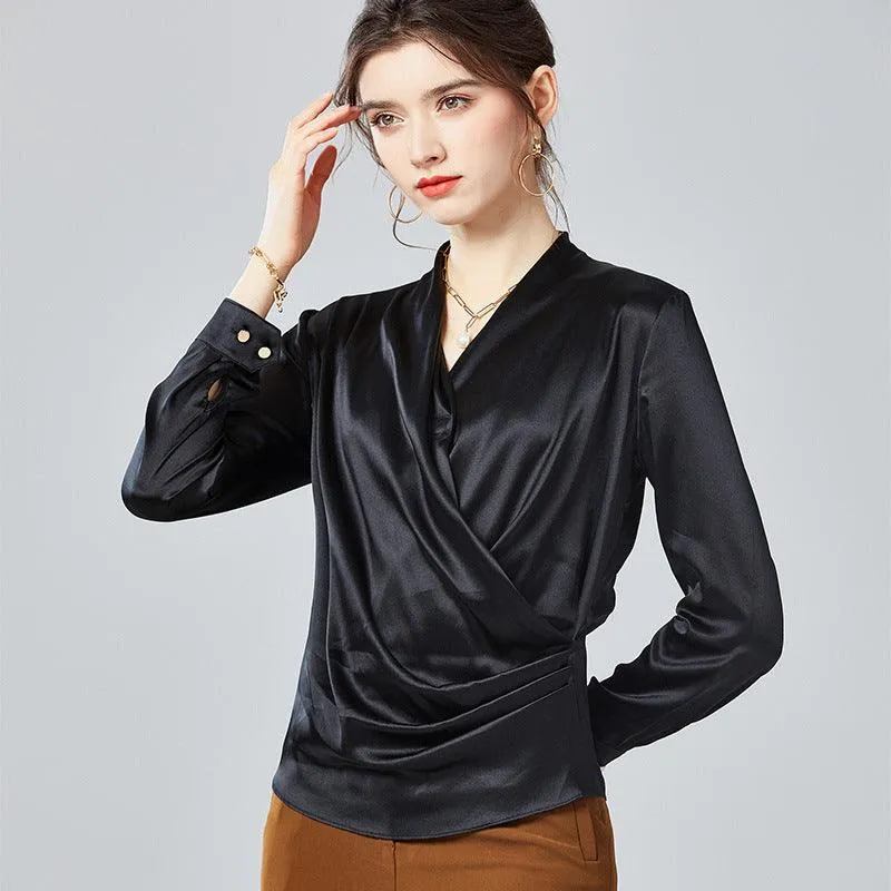 Spring New Elegant Ladies Silk Blouse 100% Mulberry Silk Shirt Long Sleeves Silk Top