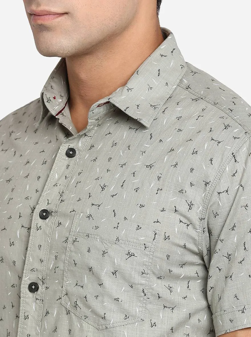 Stone Grey Printed Slim Fit Semi Casual Shirt | Greenfibre