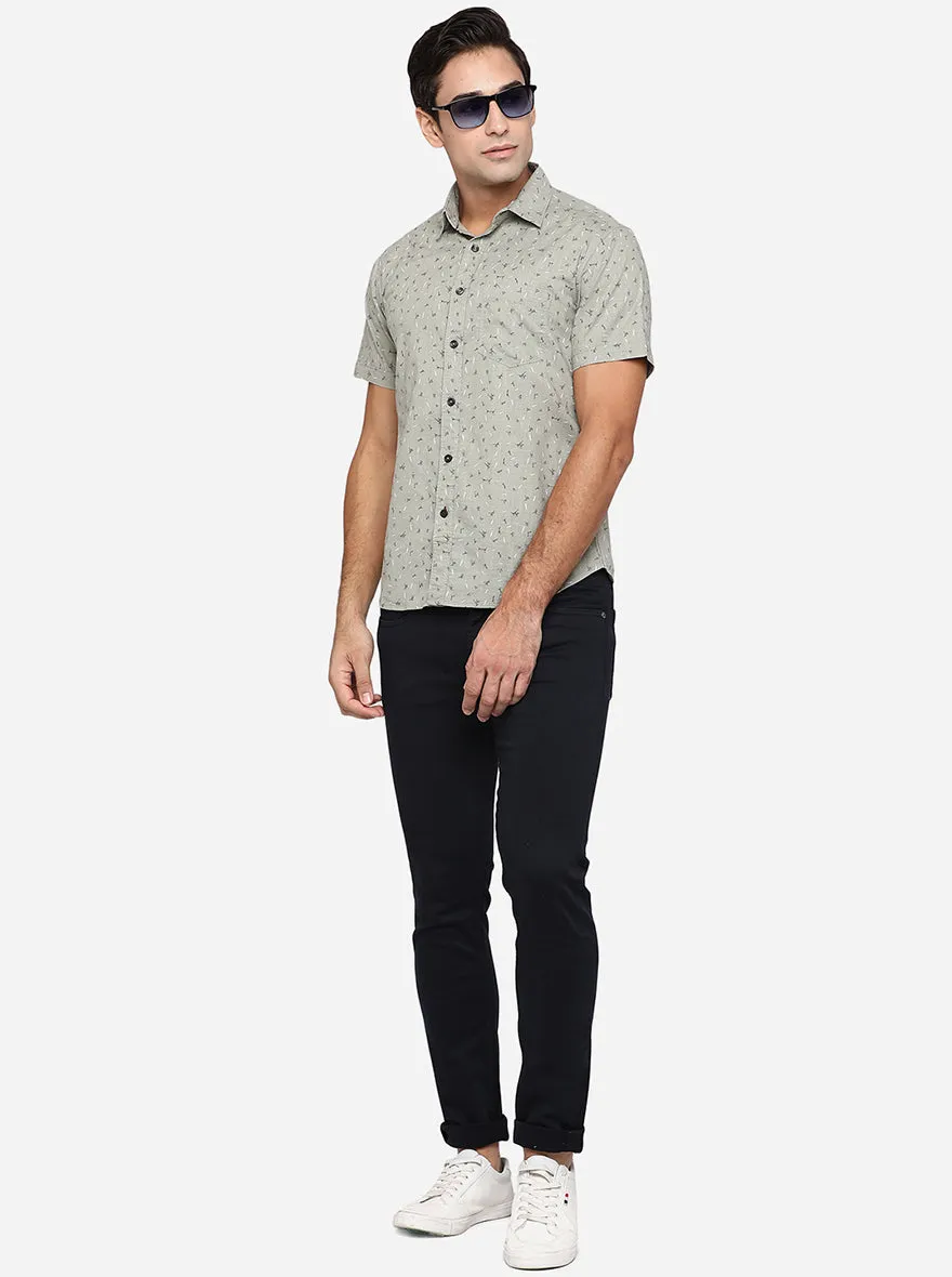 Stone Grey Printed Slim Fit Semi Casual Shirt | Greenfibre