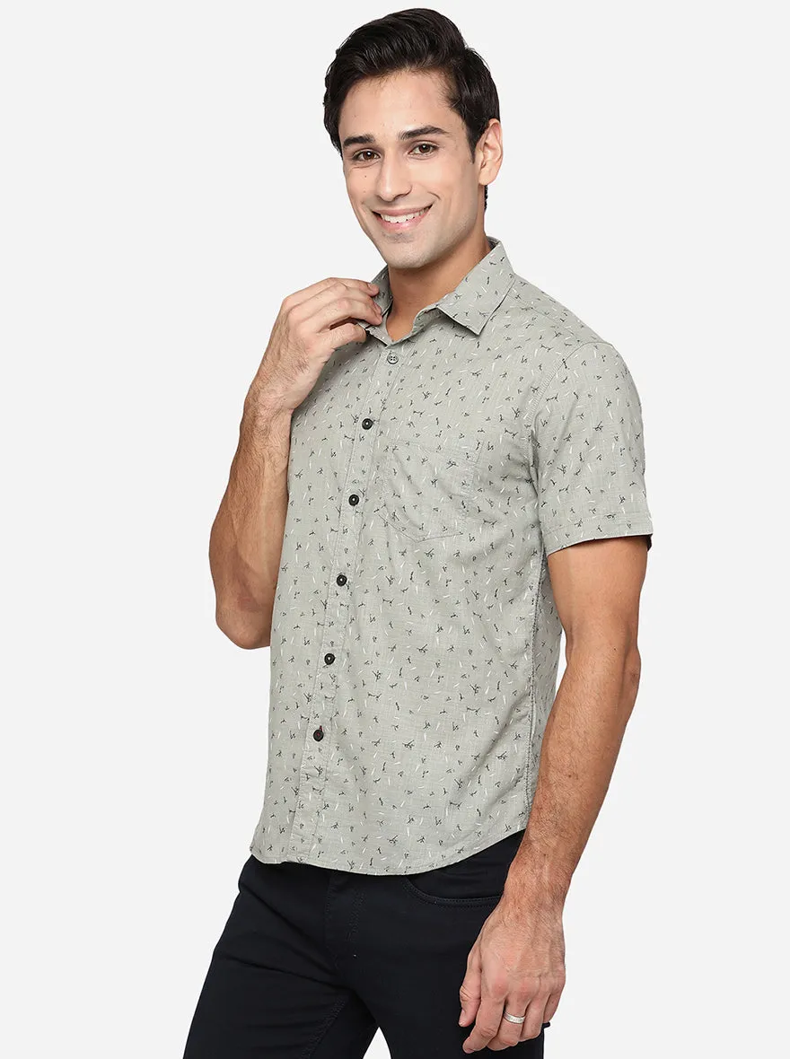 Stone Grey Printed Slim Fit Semi Casual Shirt | Greenfibre