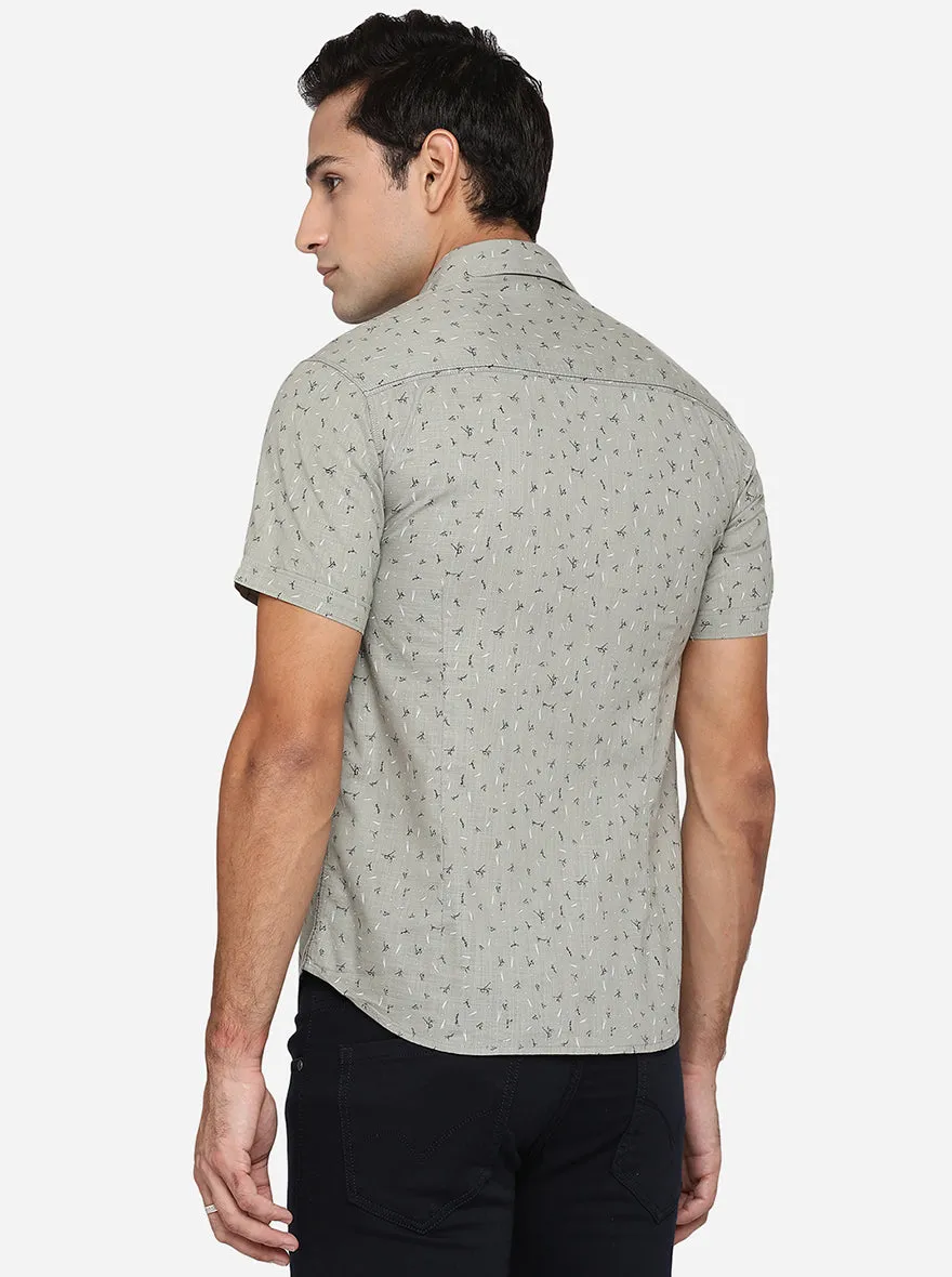 Stone Grey Printed Slim Fit Semi Casual Shirt | Greenfibre