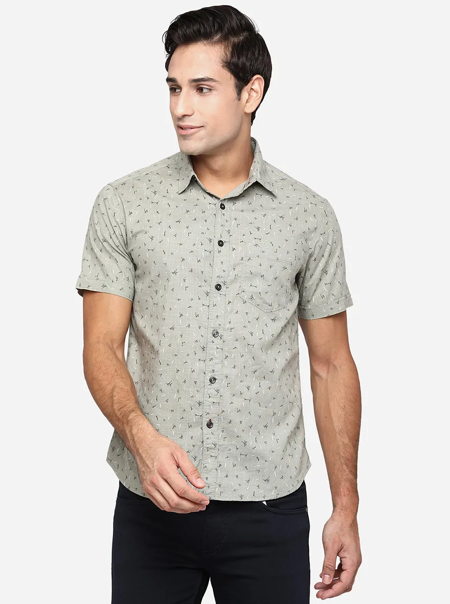 Stone Grey Printed Slim Fit Semi Casual Shirt | Greenfibre