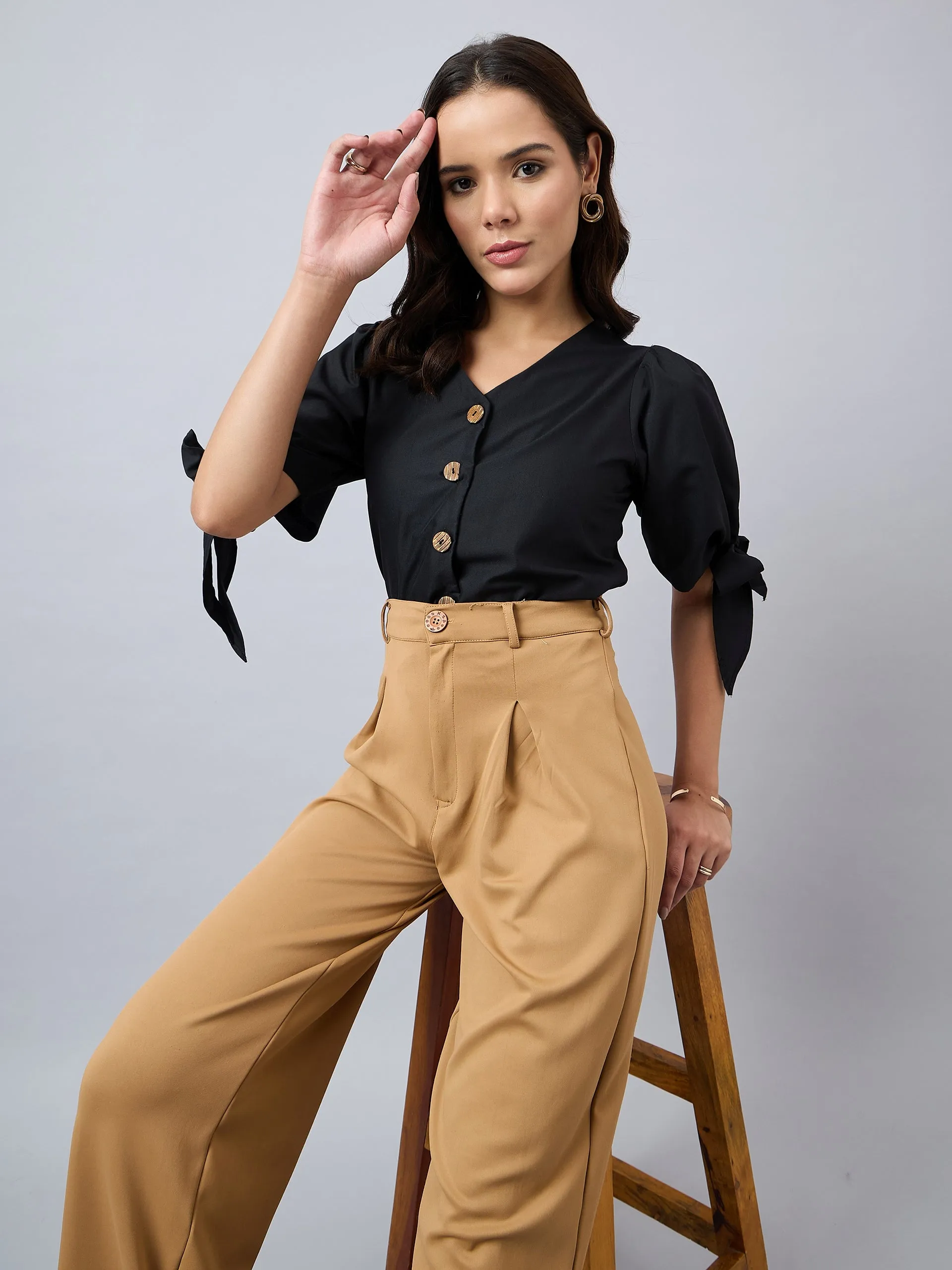 Style Quotient Women Solid Black Polycotton Regular Fit Formal Tie-up Sleeve Shirt