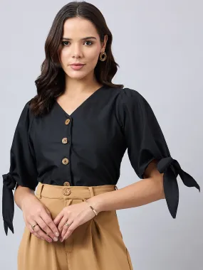 Style Quotient Women Solid Black Polycotton Regular Fit Formal Tie-up Sleeve Shirt