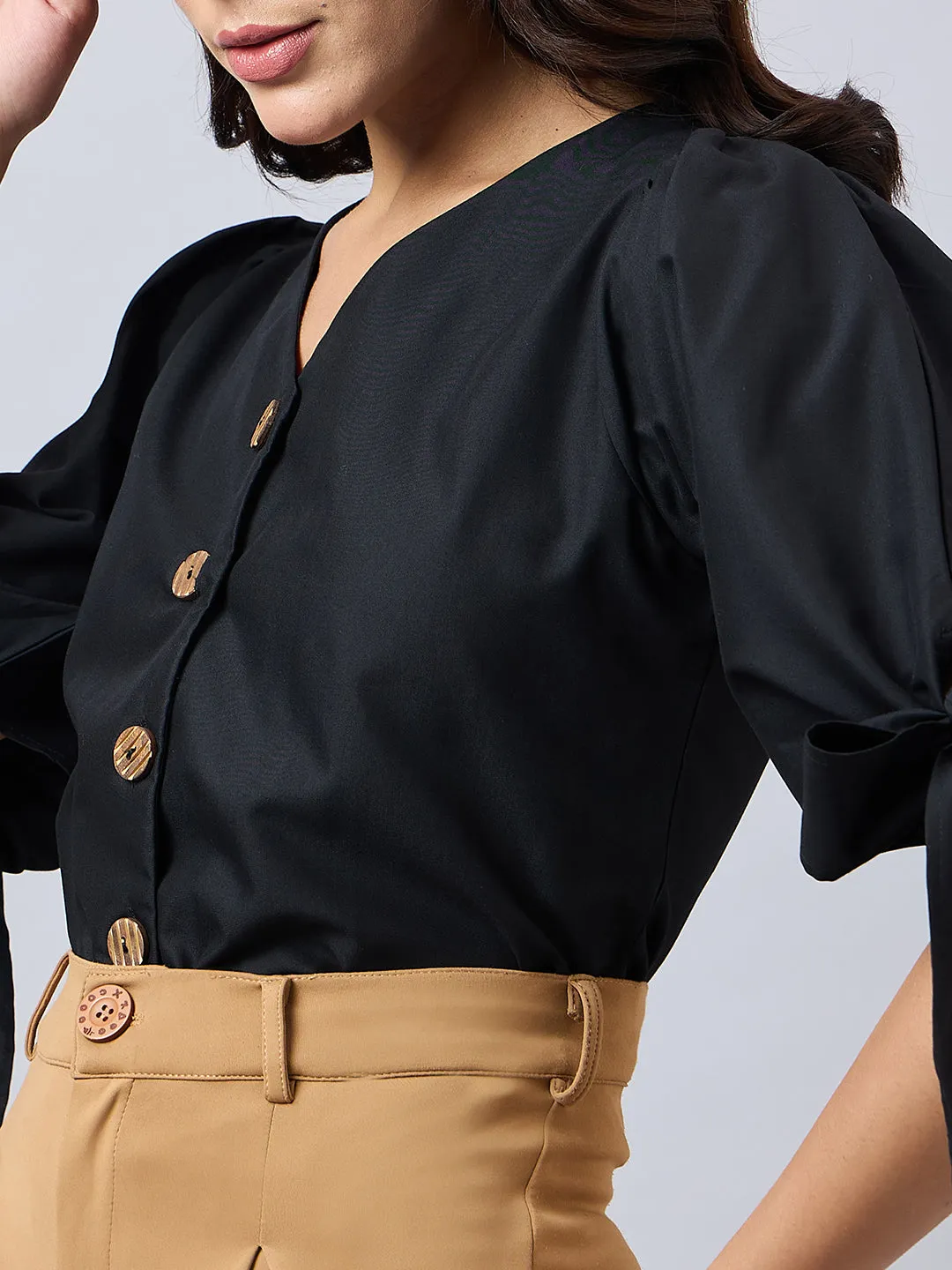 Style Quotient Women Solid Black Polycotton Regular Fit Formal Tie-up Sleeve Shirt