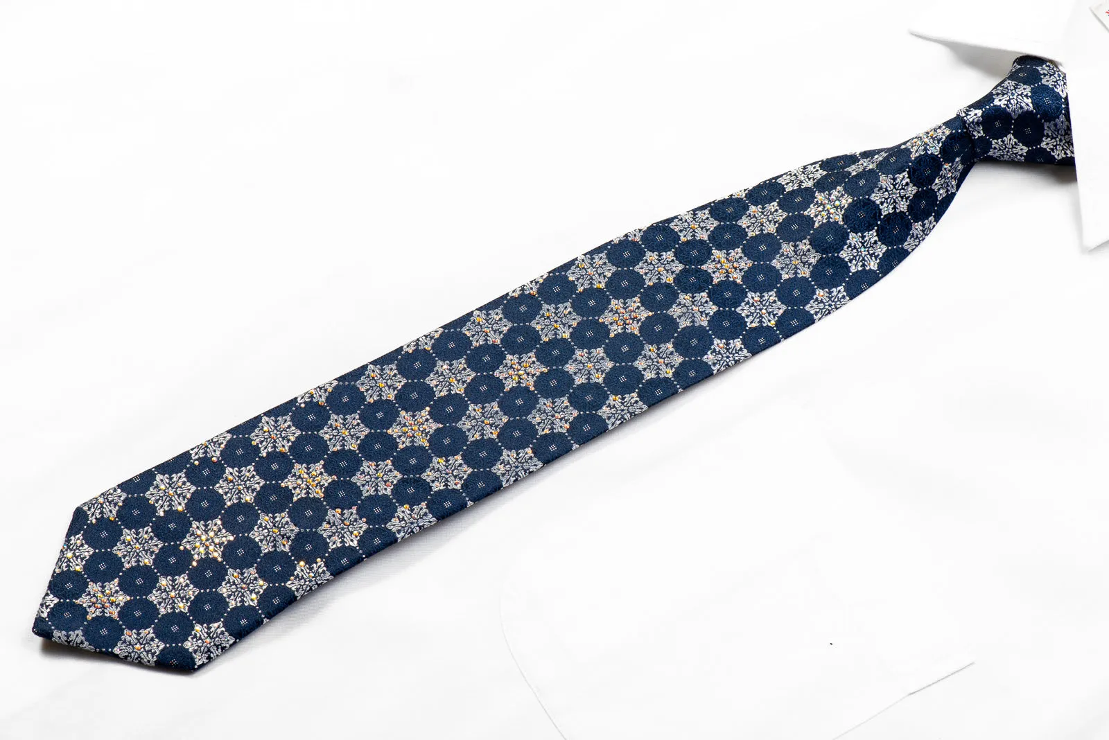 TLS Rhinestone Silk Necktie Silver Geometric On Navy With Sparkles