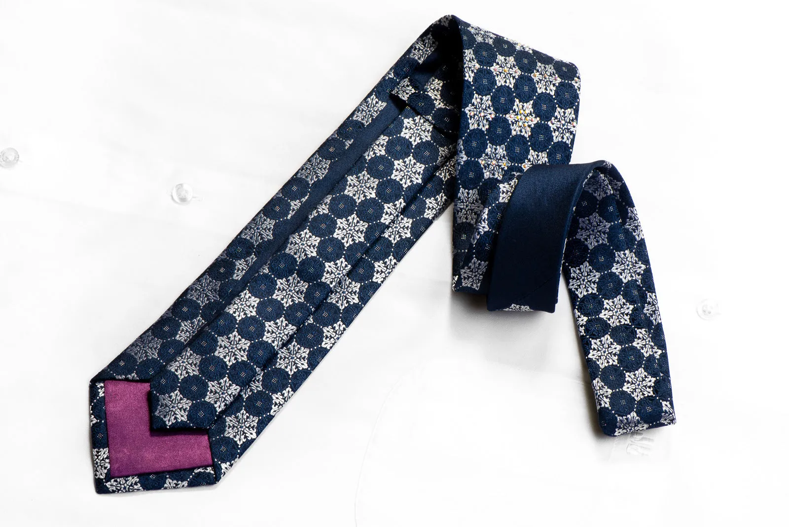 TLS Rhinestone Silk Necktie Silver Geometric On Navy With Sparkles