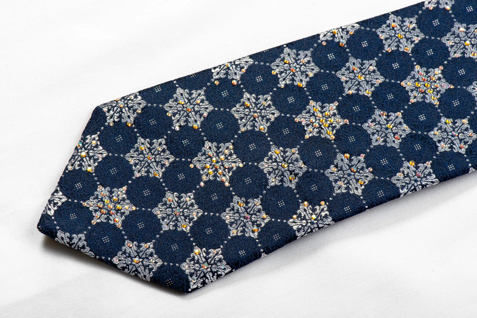 TLS Rhinestone Silk Necktie Silver Geometric On Navy With Sparkles