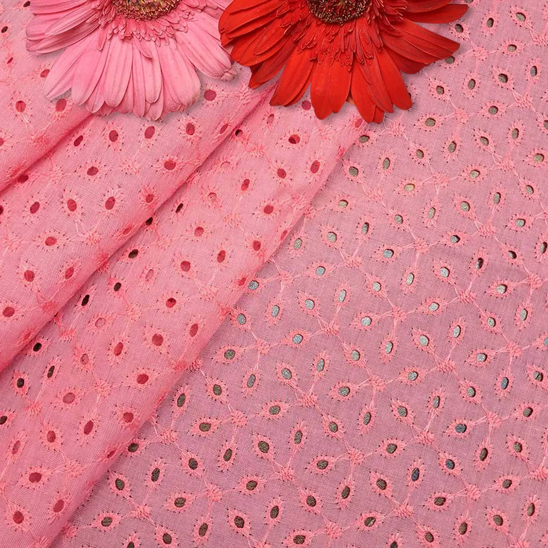 Tomato Pink Motifs Premium Embroidered Cotton Hakoba Fabric