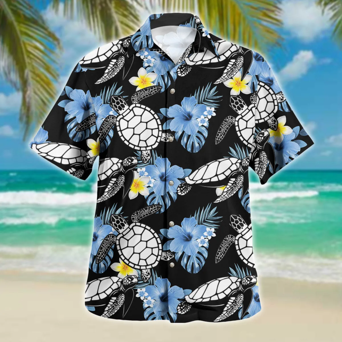 Turtle Hawaiian shirt blue hibiscus silhouette