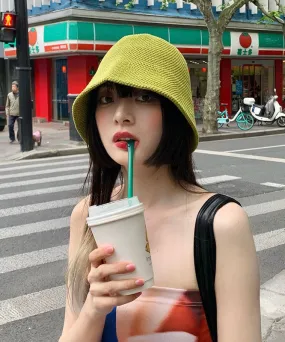 Unique Green Solid Color Knit Bucket Hat