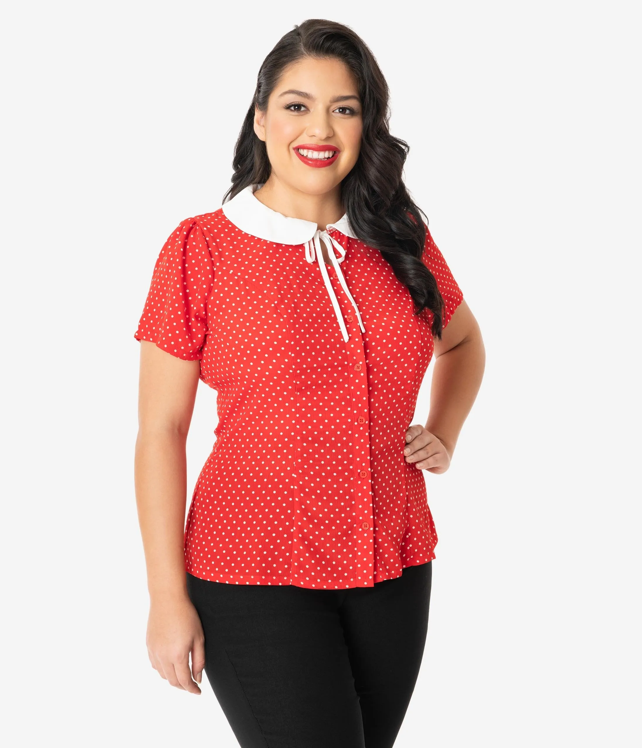 Unique Vintage Plus Size 1950s Red & White Pin Dot Suzanne Blouse