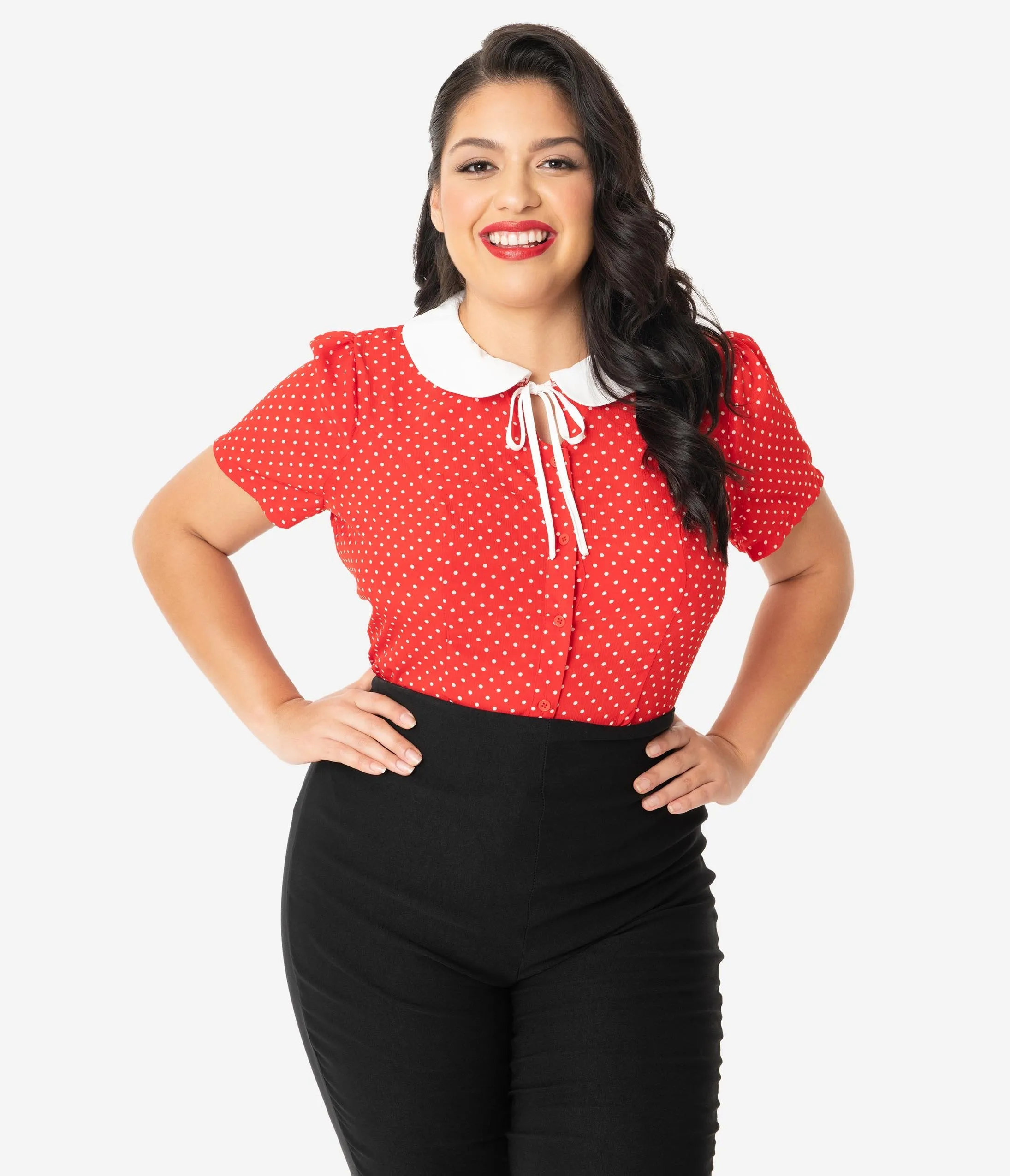 Unique Vintage Plus Size 1950s Red & White Pin Dot Suzanne Blouse