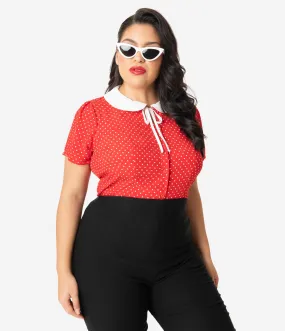 Unique Vintage Plus Size 1950s Red & White Pin Dot Suzanne Blouse