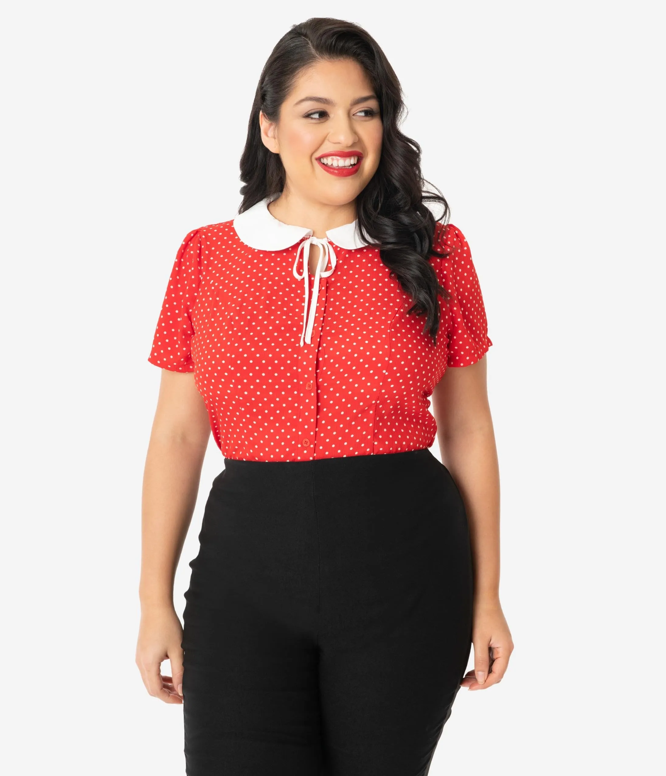 Unique Vintage Plus Size 1950s Red & White Pin Dot Suzanne Blouse