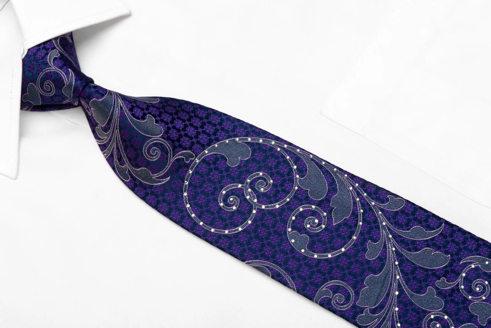 Valentino Rich Rhinestone Silk Necktie Purple Acanthus On Navy