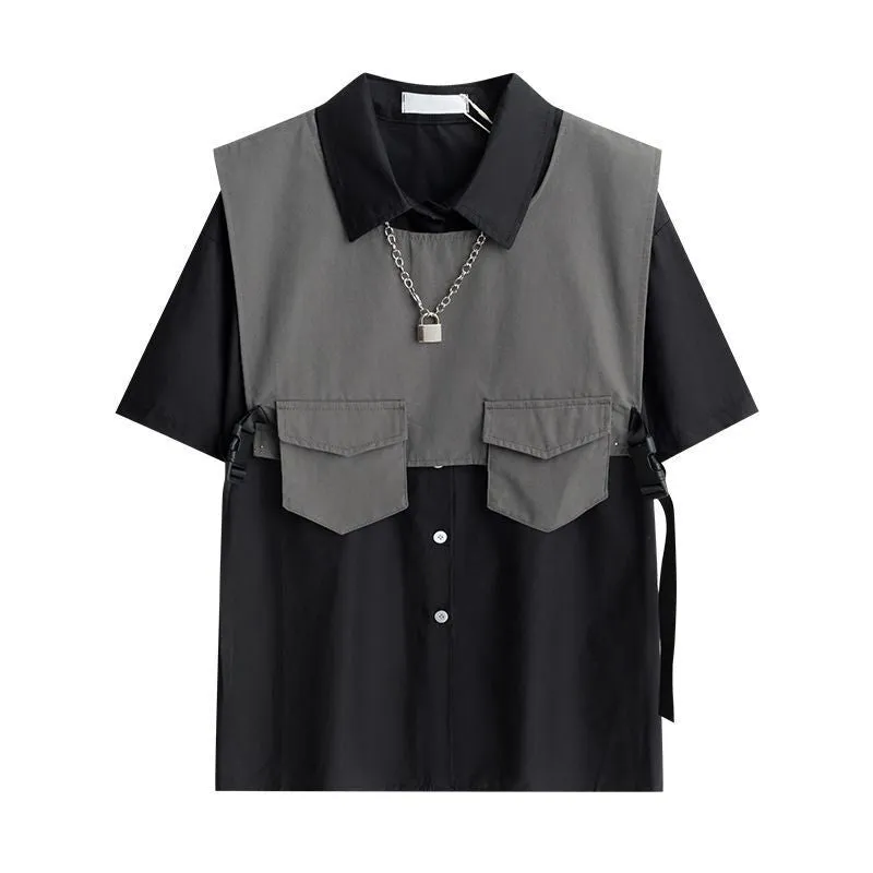 Vest 2-piece summer trend dark tooling functional style versatile cool shirt men's short sleeve loose top