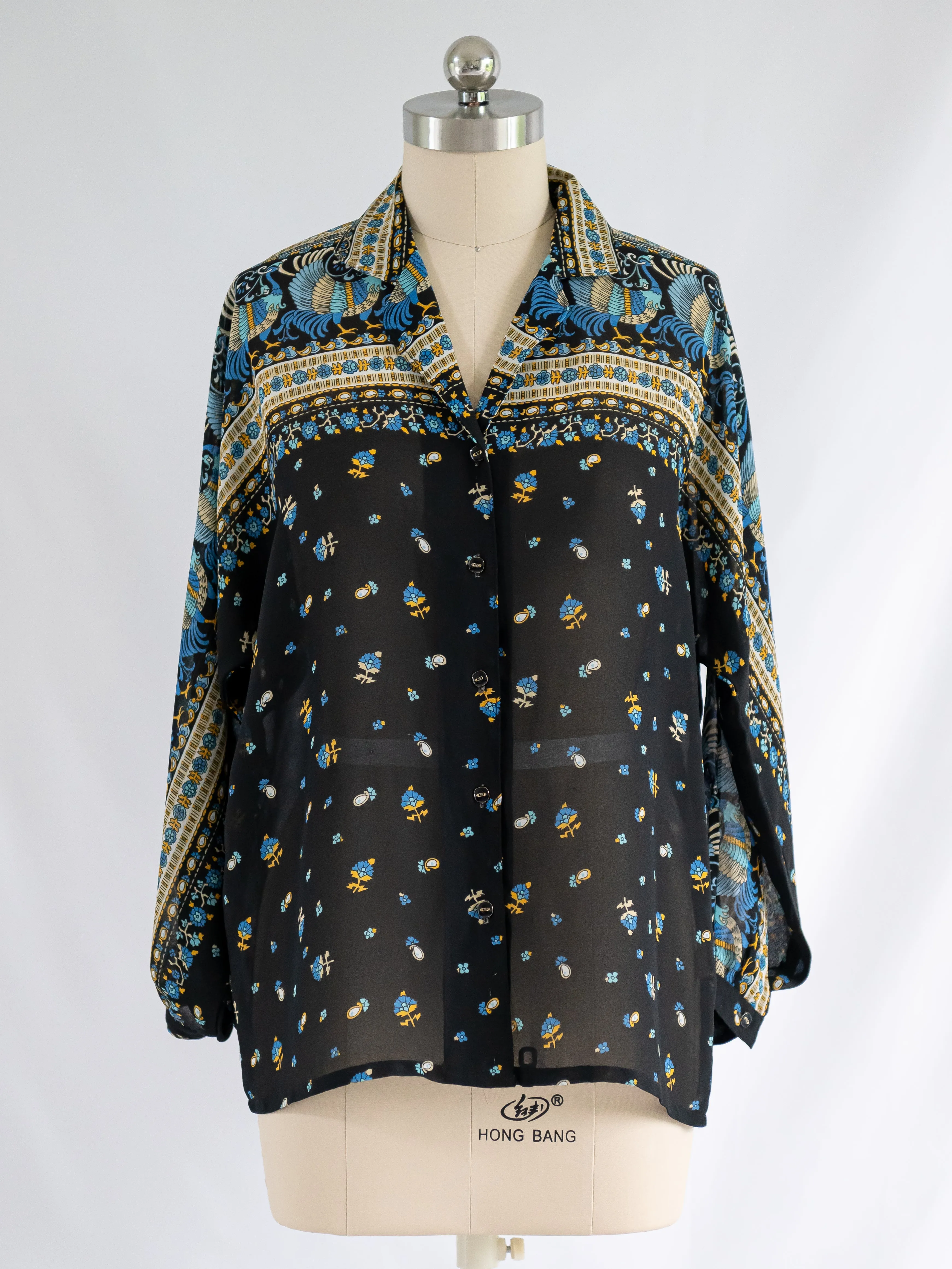 Vintage Black Peacock Print Border Chiffon Blouse