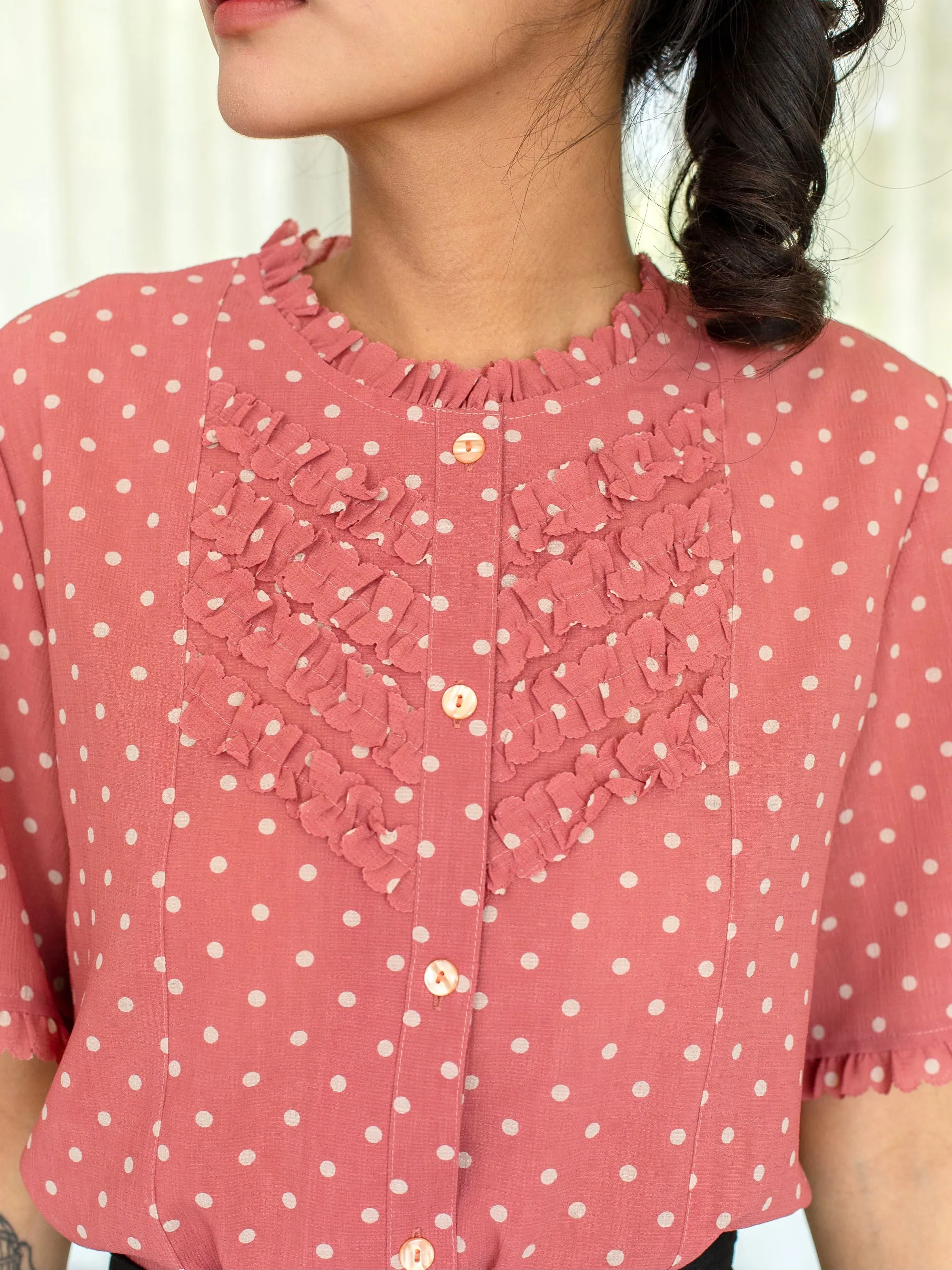 Vintage Chiffon Pink Polka Dot Ruffle Neck Pink Blouse