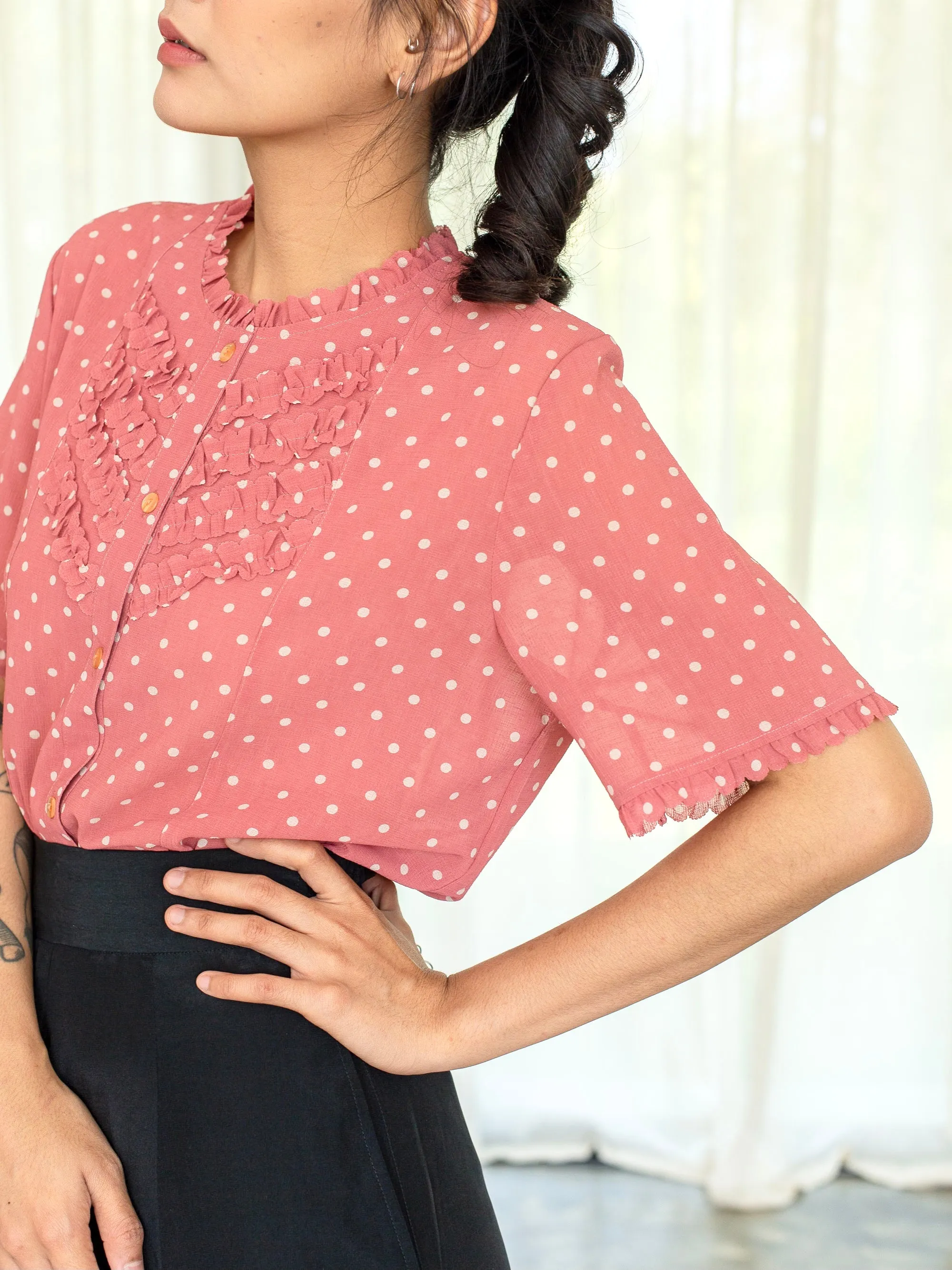 Vintage Chiffon Pink Polka Dot Ruffle Neck Pink Blouse