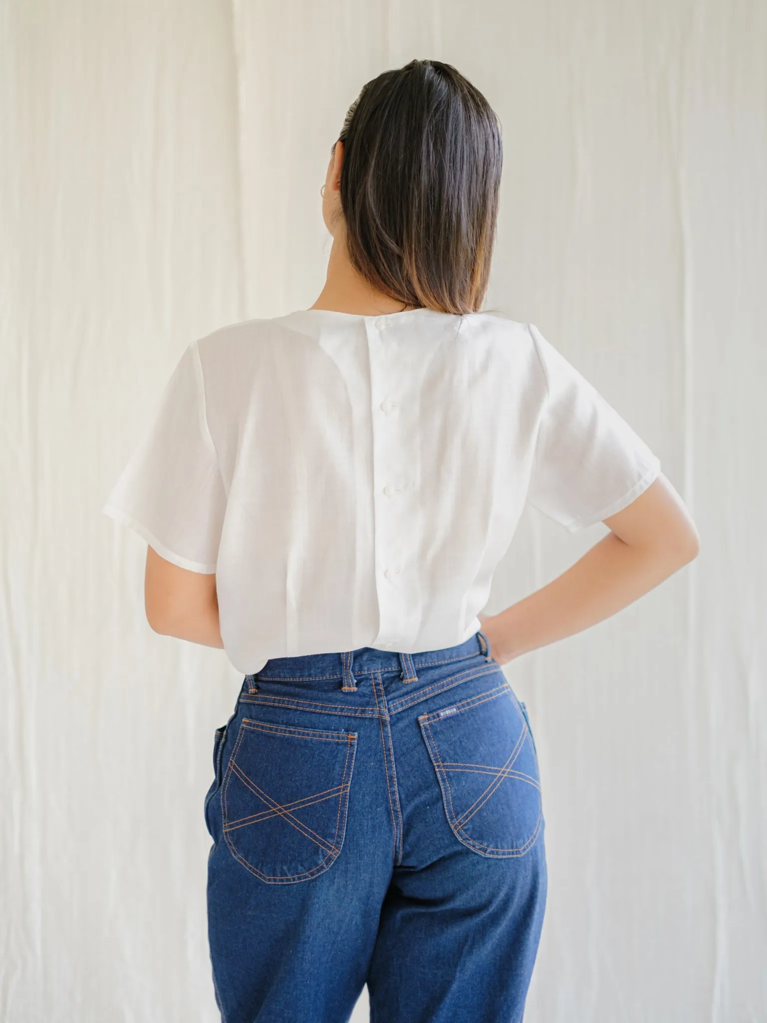 Vintage Cotton Back Button Closure White Blouse