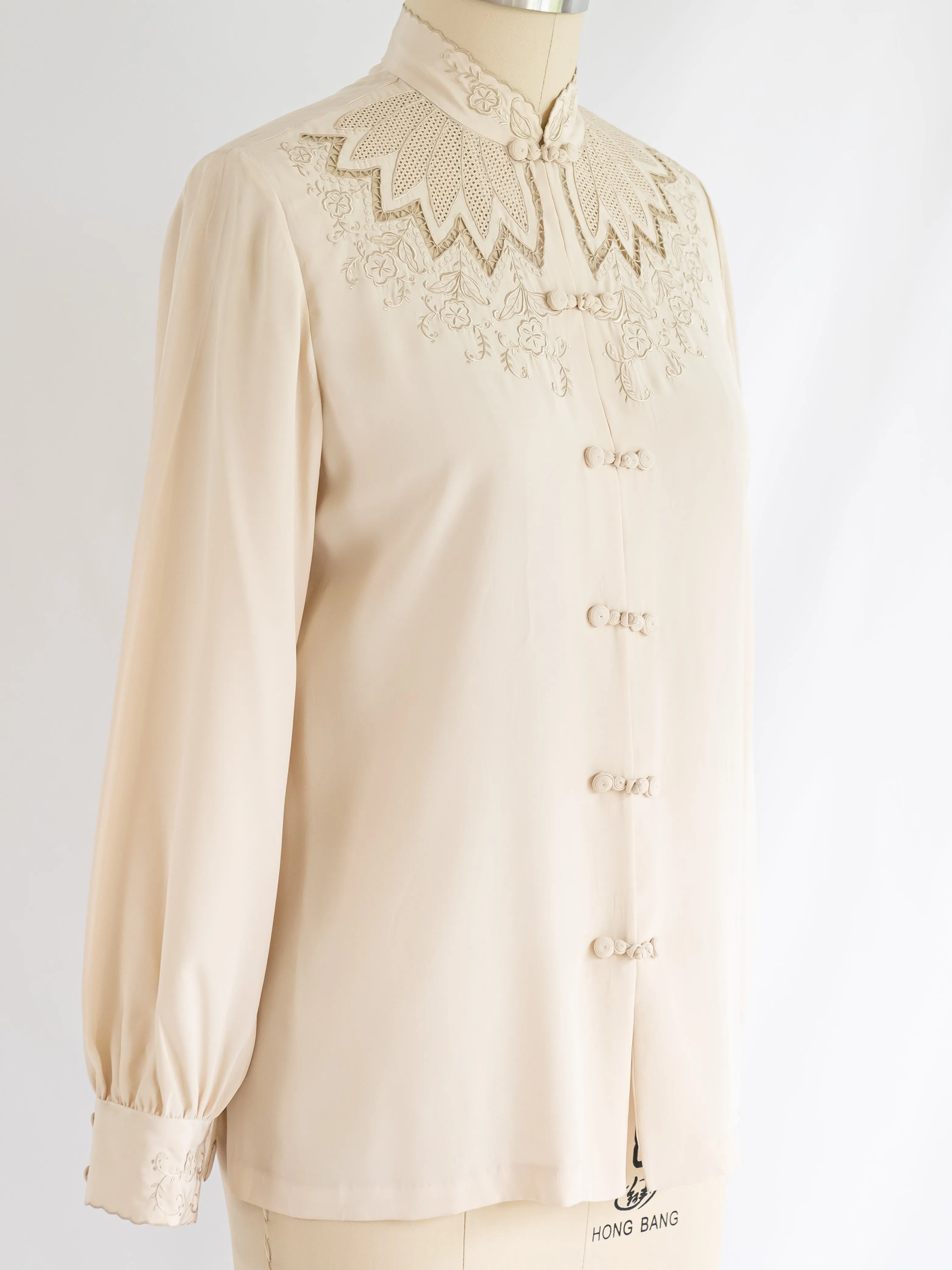 Vintage Eyelet Embroidery Mandarin Collar Silk Blouse