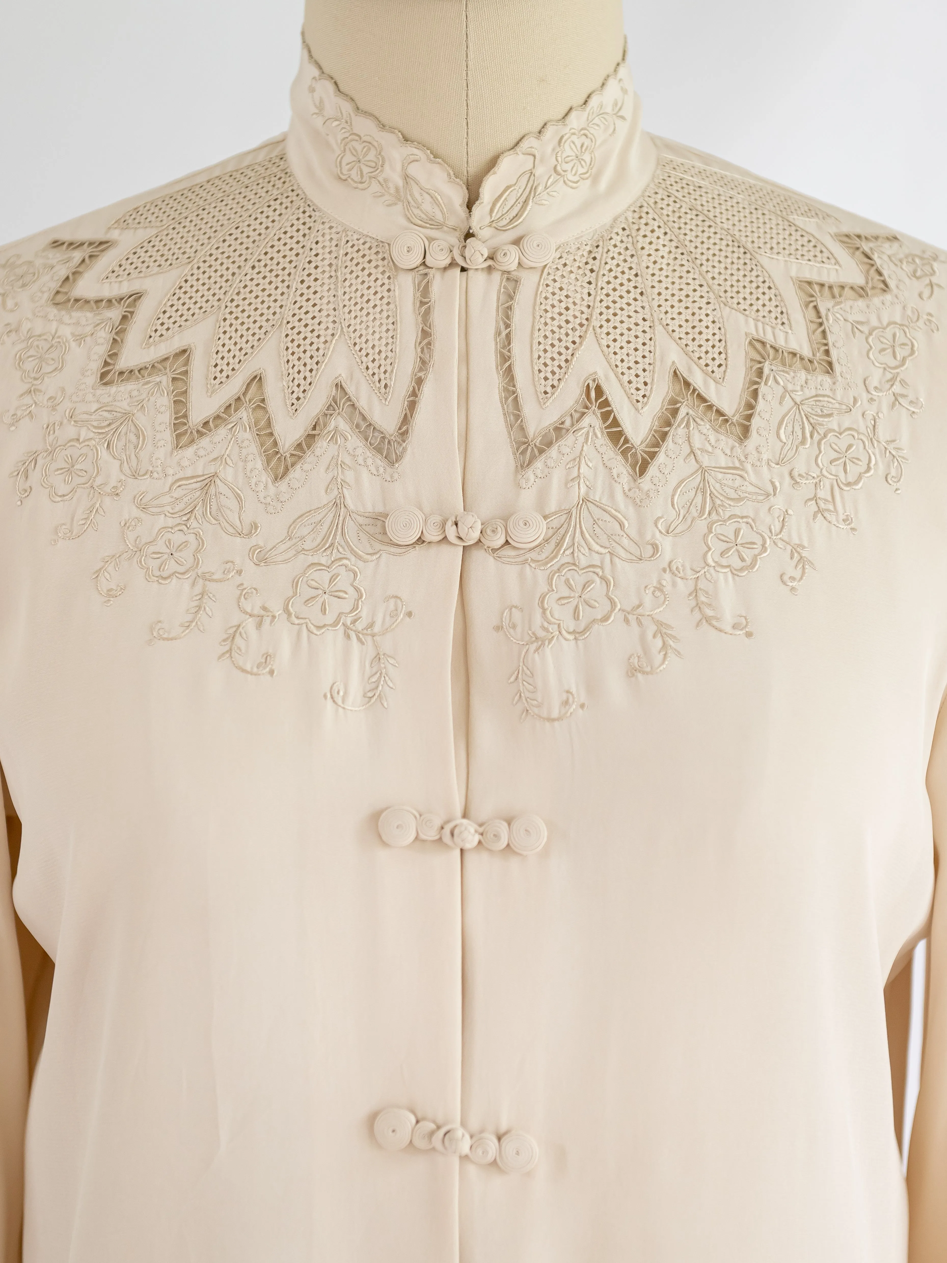 Vintage Eyelet Embroidery Mandarin Collar Silk Blouse