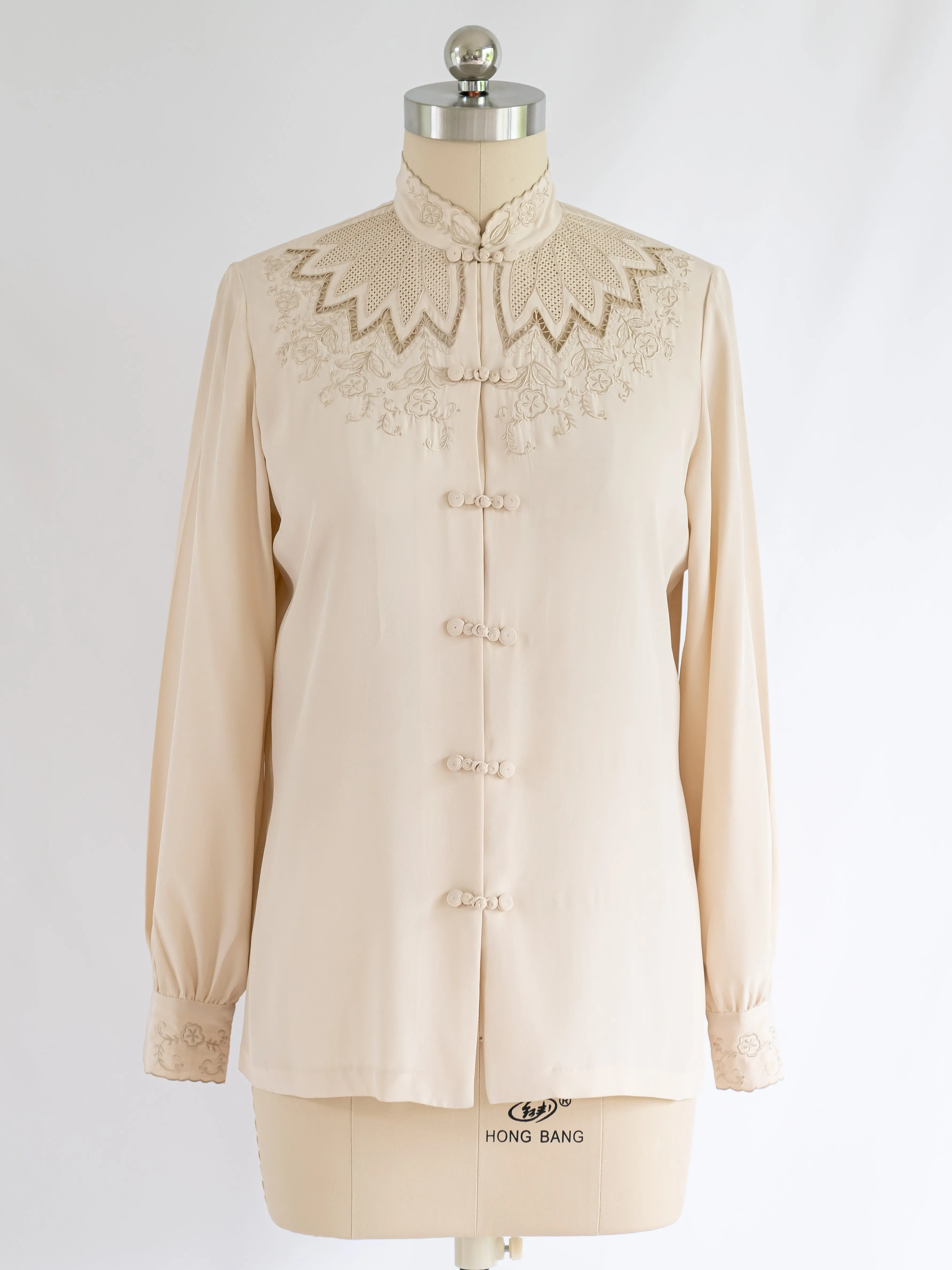 Vintage Eyelet Embroidery Mandarin Collar Silk Blouse