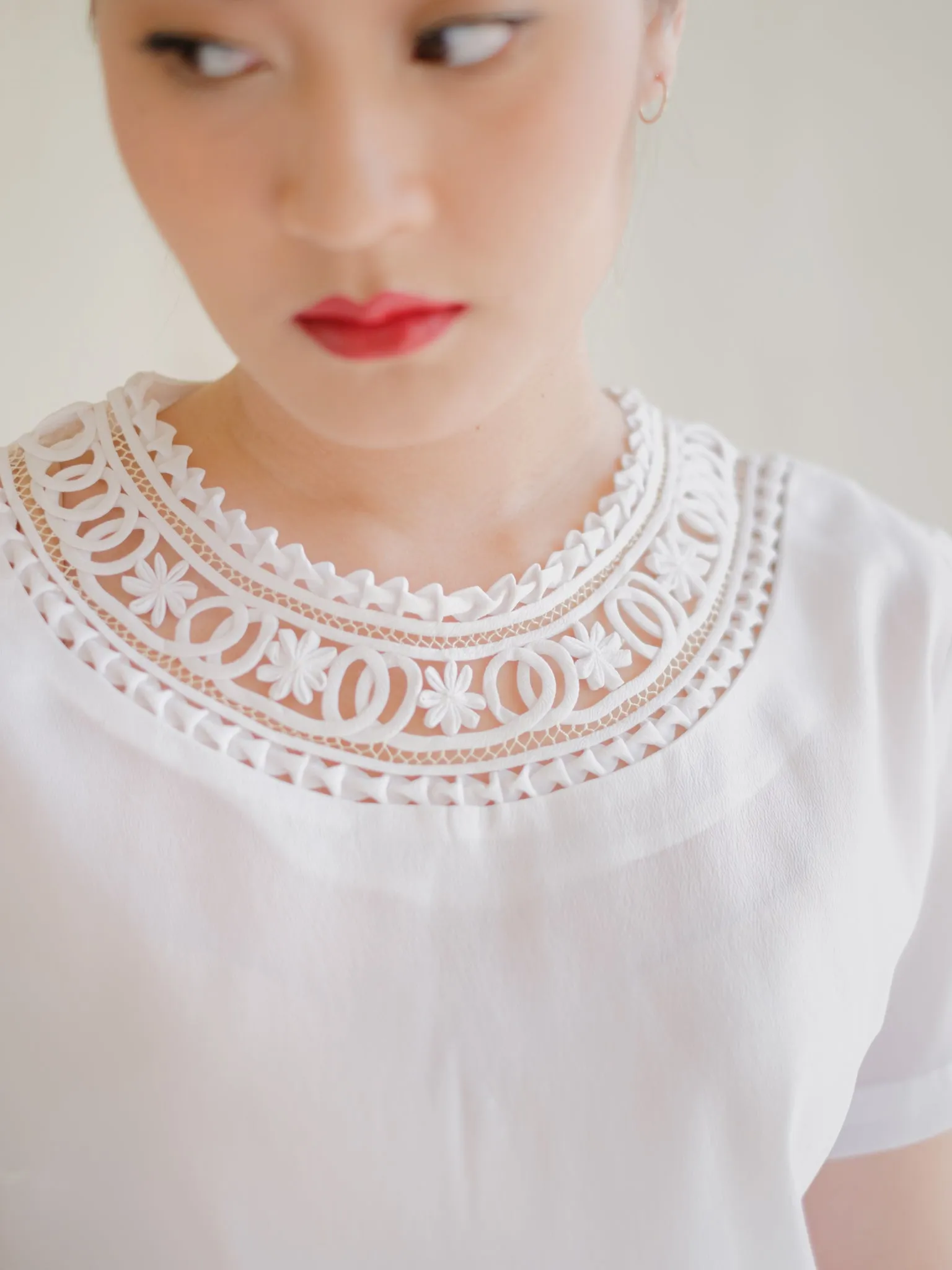 Vintage Lace Detailing Chiffon Half Sleeved Blouse