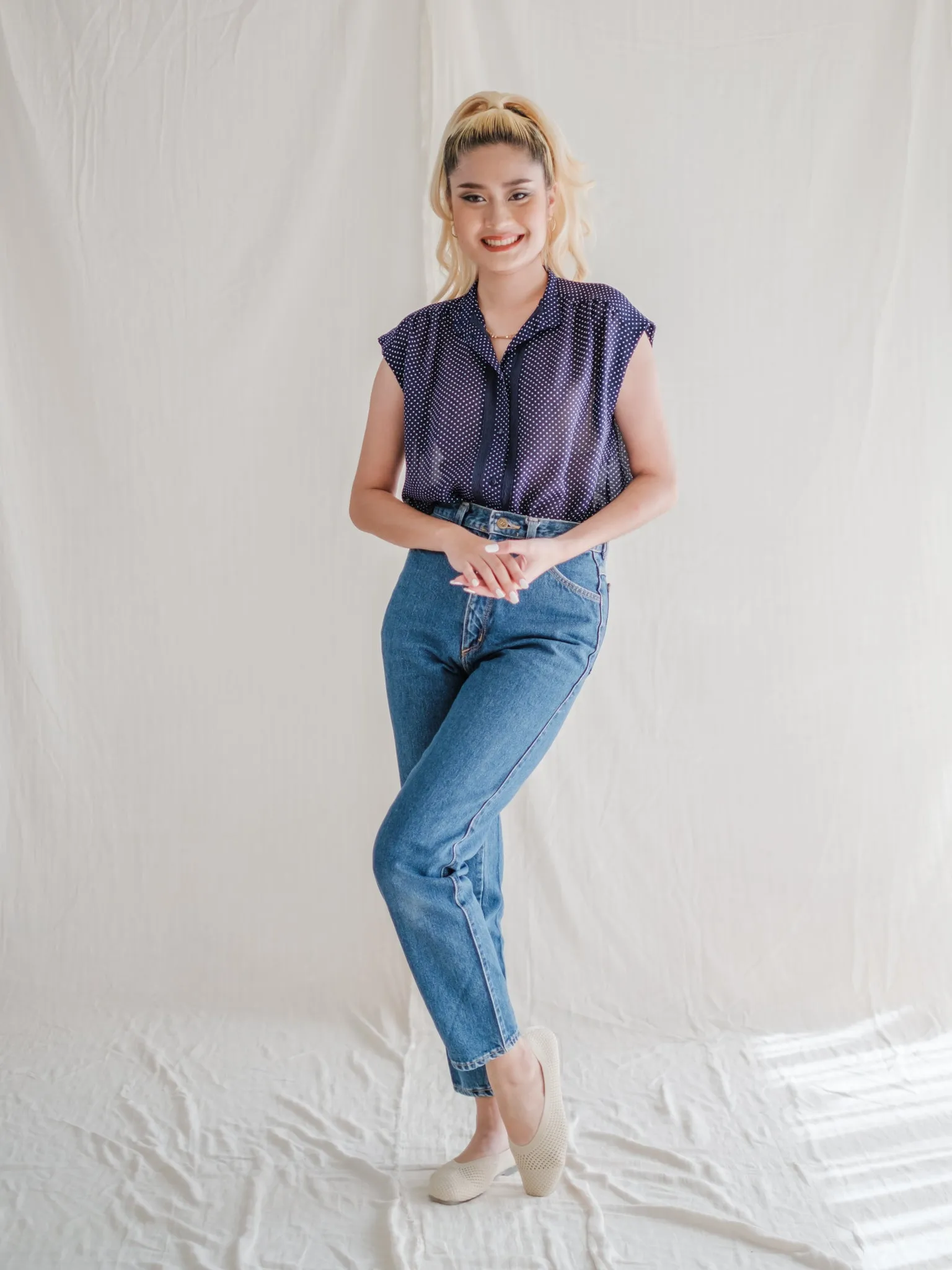 Vintage Mandarin Neck Navy Blue Chiffon Blouse