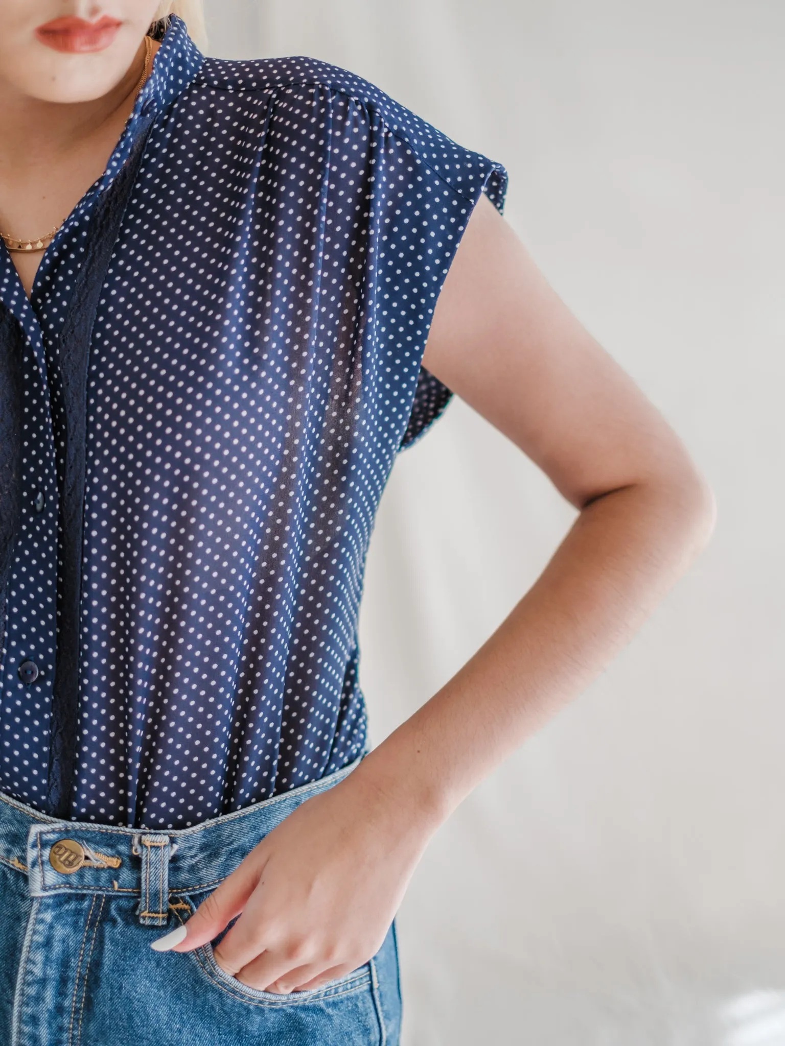 Vintage Mandarin Neck Navy Blue Chiffon Blouse