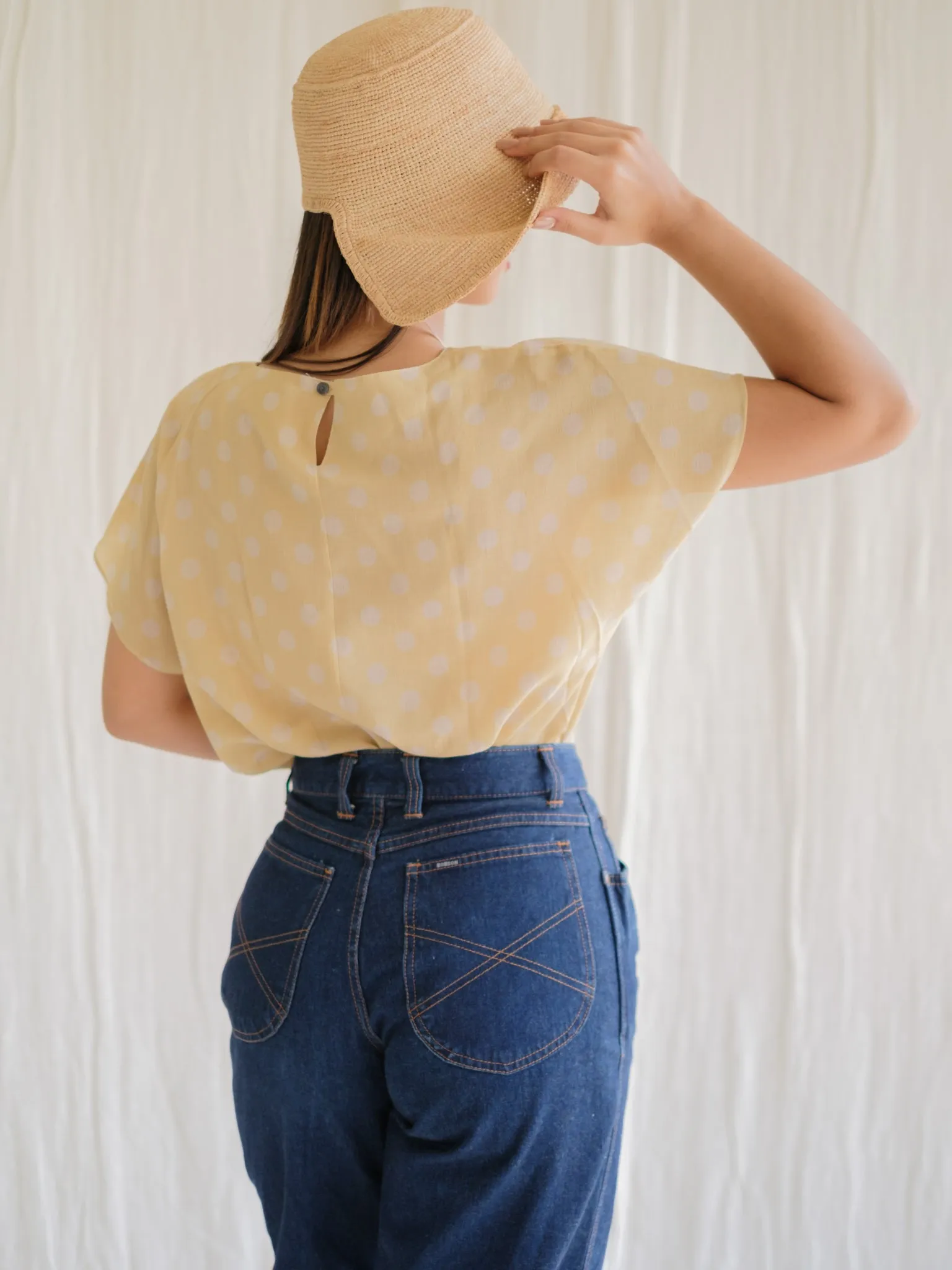 Vintage Polka Dot Pattern Short Sleeved Yellow Blouse