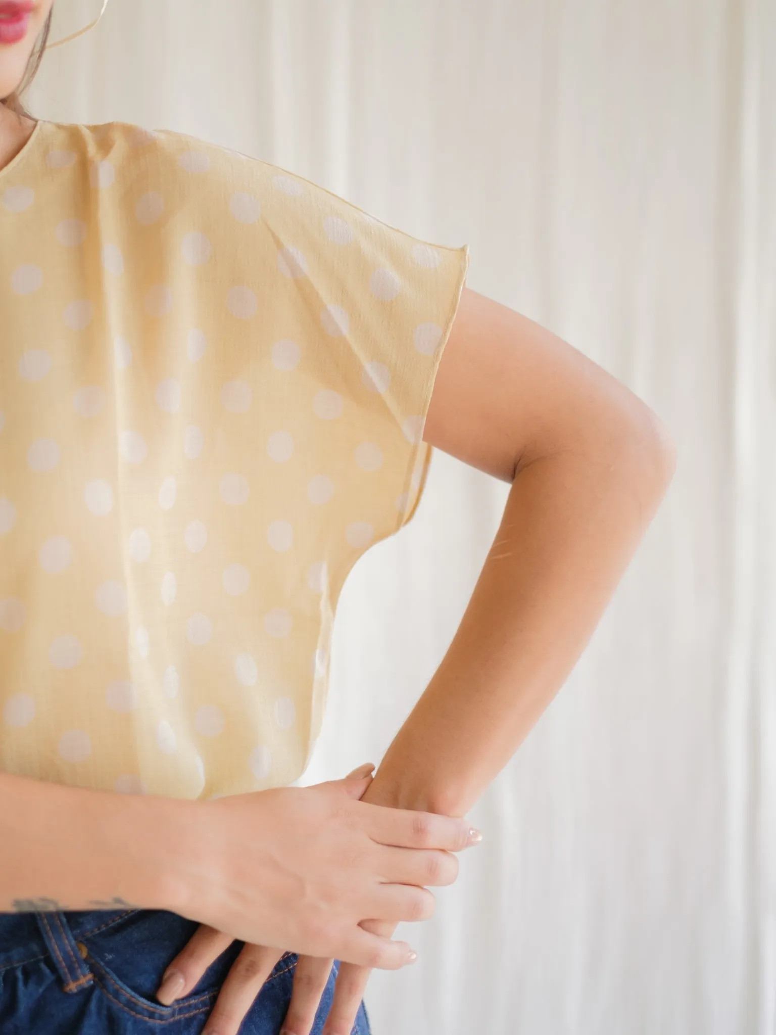 Vintage Polka Dot Pattern Short Sleeved Yellow Blouse