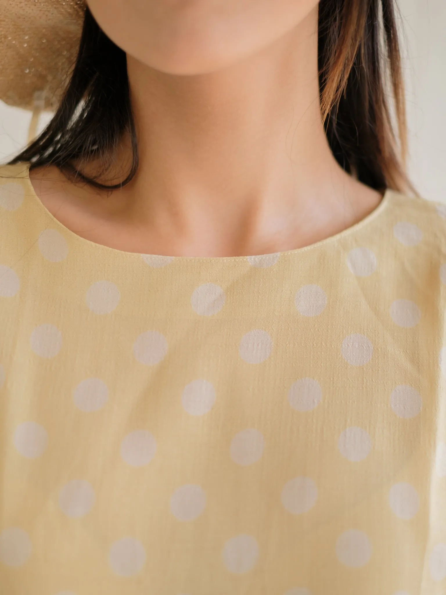 Vintage Polka Dot Pattern Short Sleeved Yellow Blouse