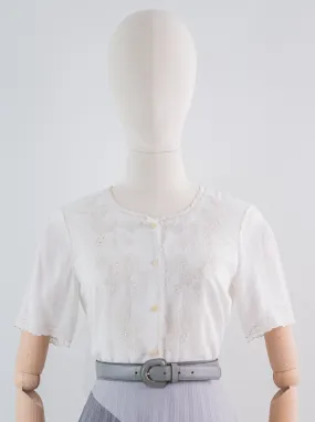 Vintage White Half Sleeve Round Neck Embroidered Cotton Blouse