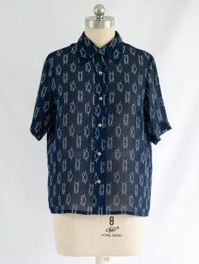 Vintage White Yard Knot Print Blue Chiffon Blouse