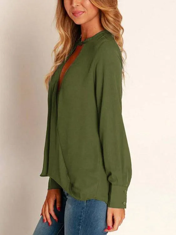 Wholesale Deep V-Neck Plain Long Sleeve Blouses