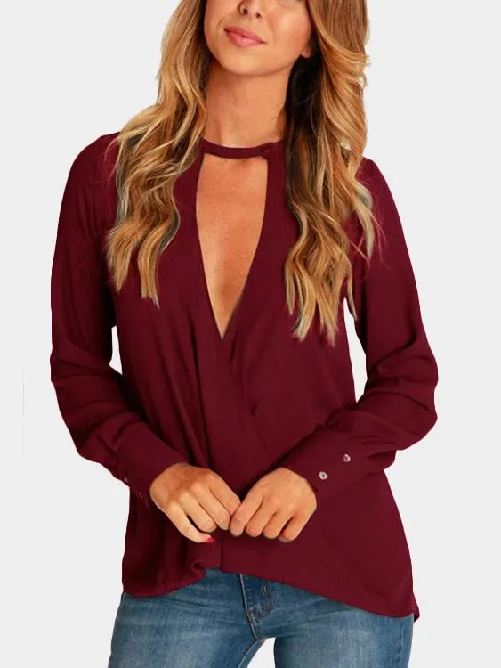 Wholesale Deep V-Neck Plain Long Sleeve Blouses