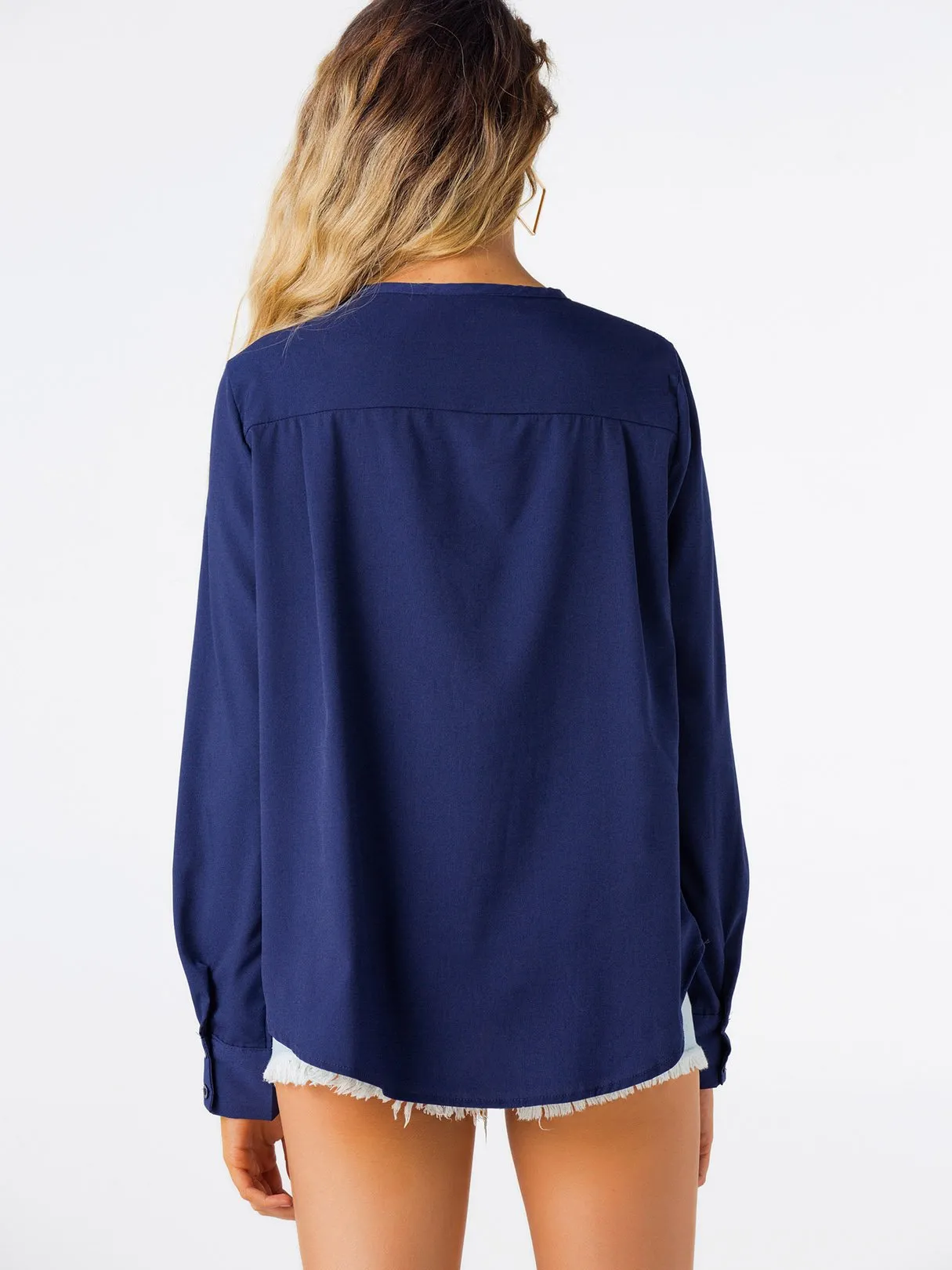 Wholesale Deep V-Neck Plain Long Sleeve Blouses