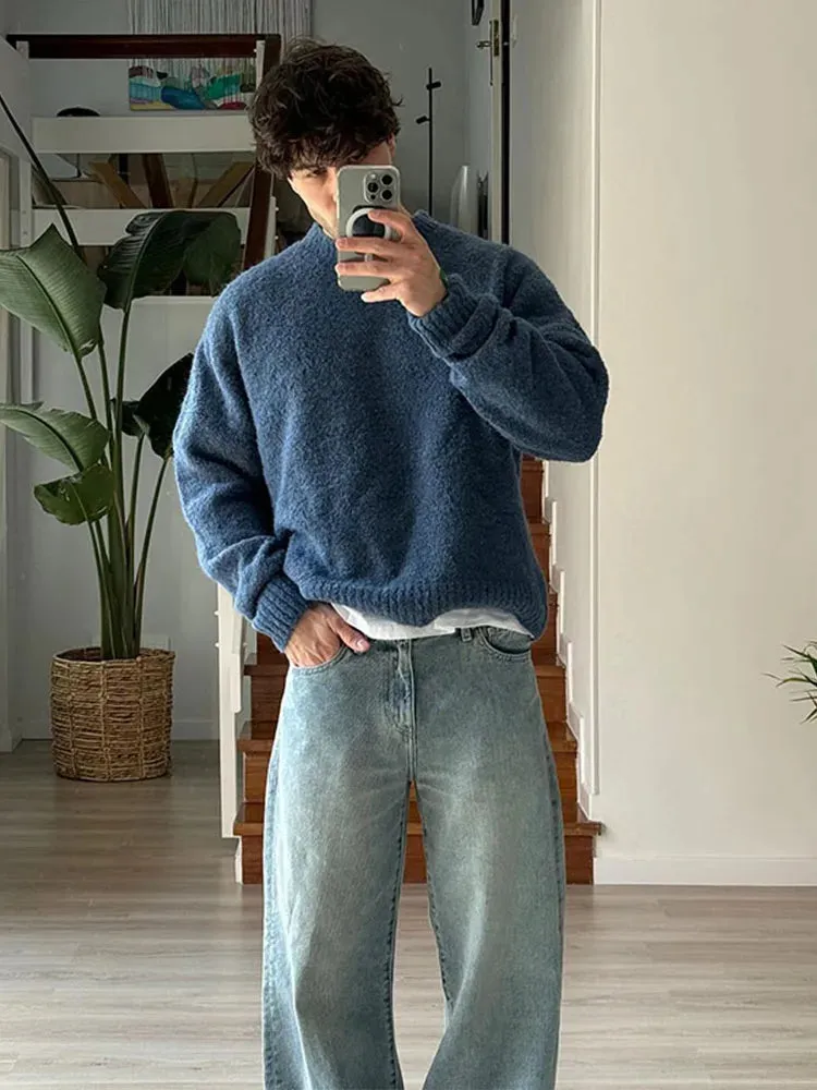 Wiaofellas  -  Fashion Bottoming Knitted Sweater Men's Autumn Casual Round Neck Solid Color Tops Korean Style Simple Versatile Loose Pullover