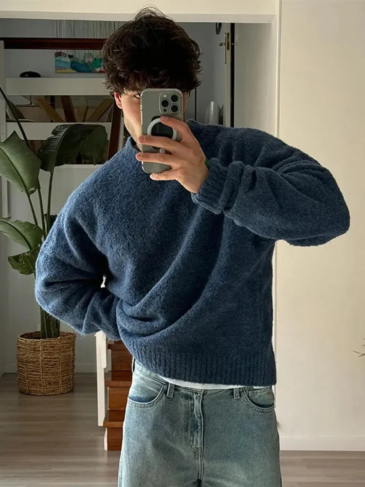 Wiaofellas  -  Fashion Bottoming Knitted Sweater Men's Autumn Casual Round Neck Solid Color Tops Korean Style Simple Versatile Loose Pullover