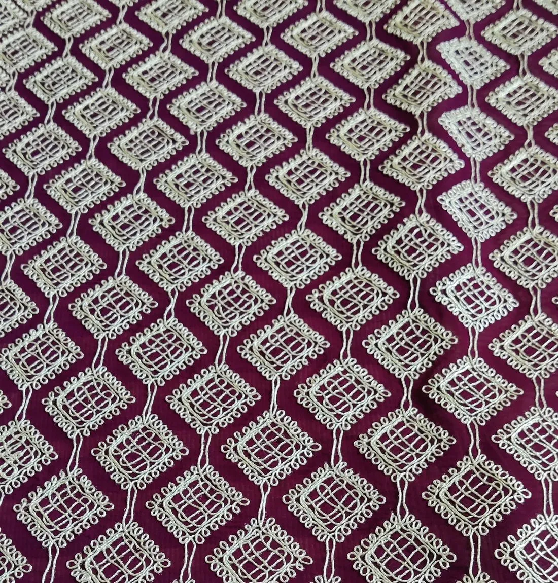 Wine & SIlver Traditional Heavy Dori Embroidered Georgette Fabric